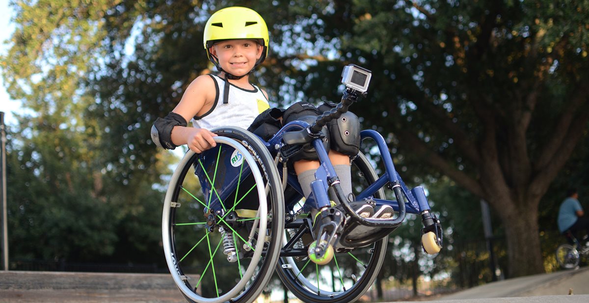 Sam in his wheelchair at the skate park