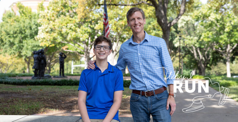 Boy and man smiling outdoors beside “Why I Run” text.