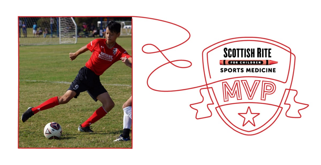 Soccer player beside a Scottish Rite for Children Sports Medicine MVP badge.